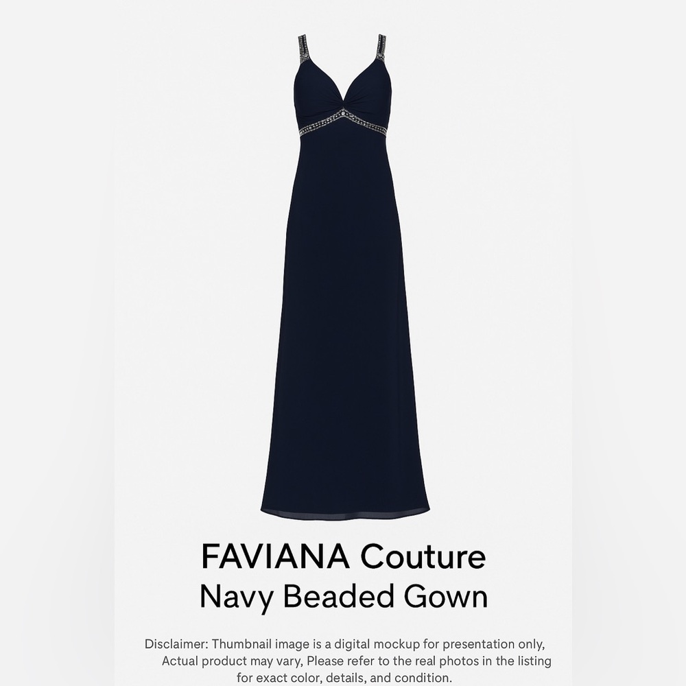 Faviana Couture Navy Blue Beaded Formal Gown Long Evening Dress
